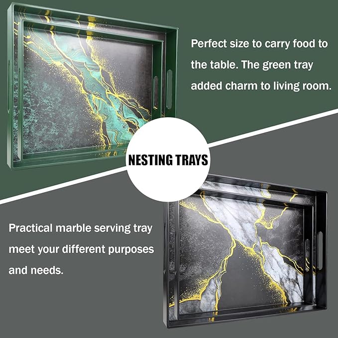 Set of 2 Green Marble Serving Trays with Handles, Plastic Nesting Trays for Coffee Table, Ottoman, Kitchen, Living Room, Outdoor, Patio, Large 15.7”*11.8”*1.6”, Small 13.7”*9.8”*1.4”