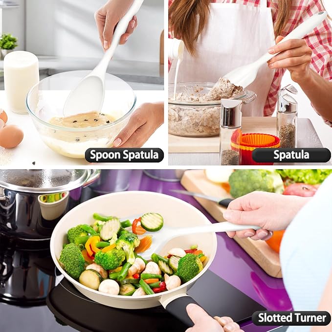 P&P CHEF Silicone Cooking Utensils Set of 7, Heat-proof Kitchen Utensils Set for Nonstick Cookware, Non-stick Spatula, Slotted Turner, Soup Ladle, Pasta Server, Spoon for Cooking Serving - White
