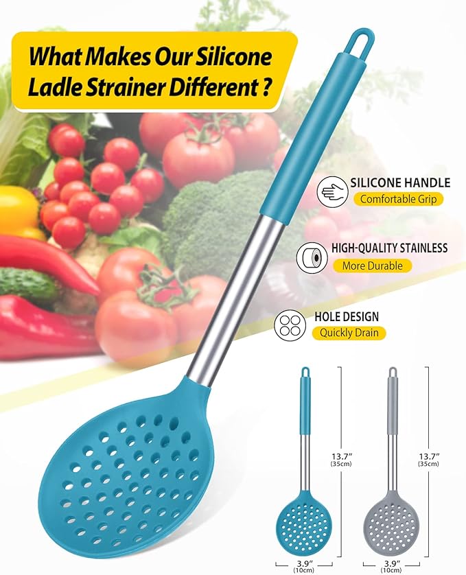 Kitchen Ladle Strainer Set of 2 Large Slotted Spoon with High Heat Resistant BPA Free Non Stick Cooking Skimmers For Draining and Frying (Grey and Teal Blue)