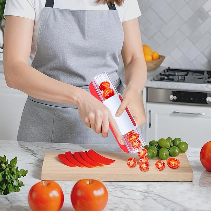 Tomato Slicer, Multi-Purpose Grape Slicer Kitchen Gadget, Tomato, Cherry, Fruit Cutter Fruit Tools into 2 Pieces (Red)