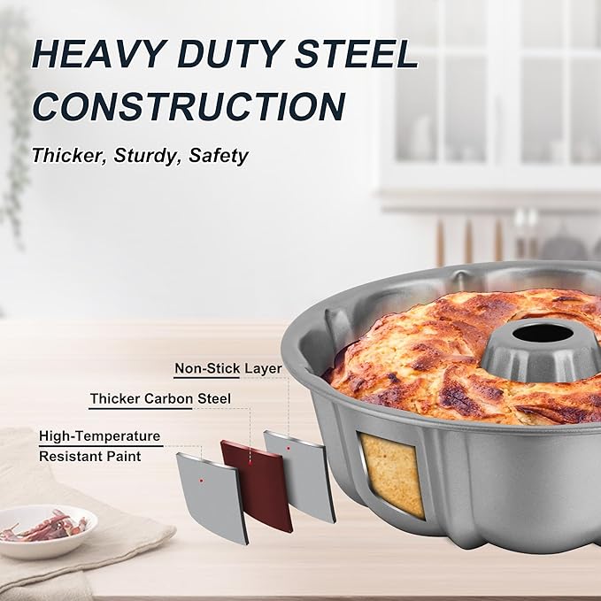 Homikit Cake Pan 10 Inch, 2 Pack Heavy Duty Carbon Steel Fluted Tube Round Pans 10 Cups for Baking Pound Cakes, Jello, Brownie, Monkey Pumpkin Bread, Oven Safe & Easy Release, Gray