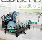 GSlife Small Dish Drying Rack - Dish Racks for RV Small Kitchen Counter, Space-Saving Dish Drainer with Drainboard, Utensil Holder, Dish Holder for Sink, 15" D x 10" L, Black