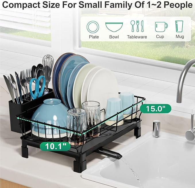 GSlife Small Dish Drying Rack - Dish Racks for RV Small Kitchen Counter, Space-Saving Dish Drainer with Drainboard, Utensil Holder, Dish Holder for Sink, 15" D x 10" L, Black