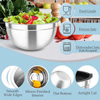 TeamFar Mixing Bowls Set of 6, Stainless Steel Nesting Mixing Salad Bowl with 3 Grater Attachments, for Food Cooking Prepping Storing, Black - Size 4.6/2.6/2 / 1.5/1 / 0.7 QT