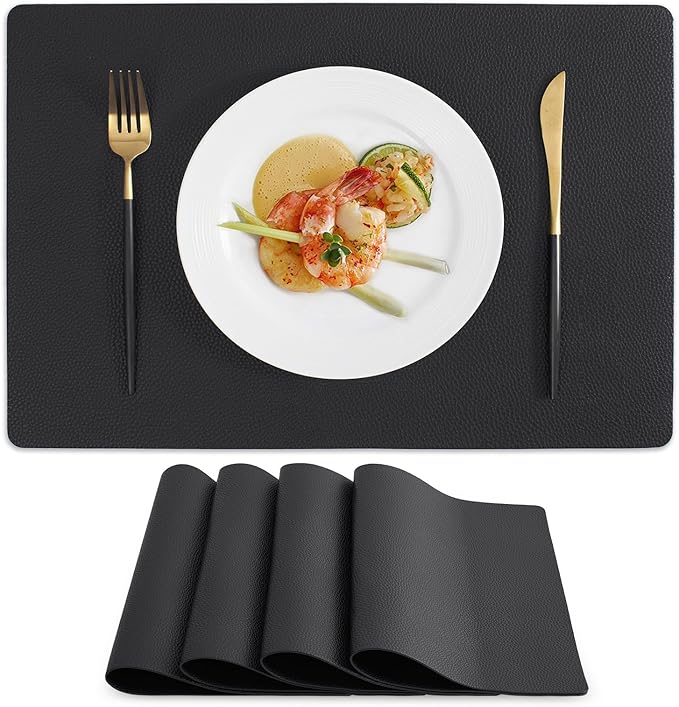MOSAYT Vinyl Placemats Set of 4, Heat Resistant Place Mats 100% Waterproof Washable & Wipeable Faux Leather Reversible Table Mats for Kitchen Dining Party Indoor Outdoor, 12" x 17", Black