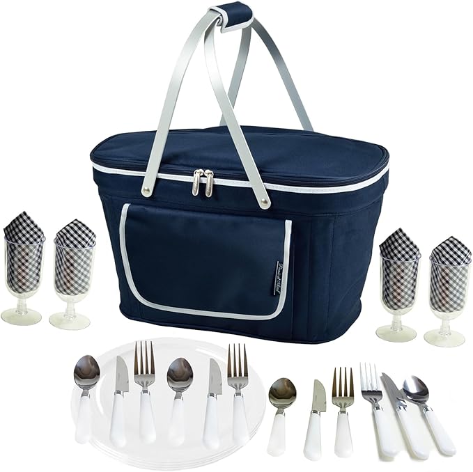 Picnic at Ascot Patented Collapsible Insulated Picnic Basket Equipped with Service For 4- Designed and Assembled in USA