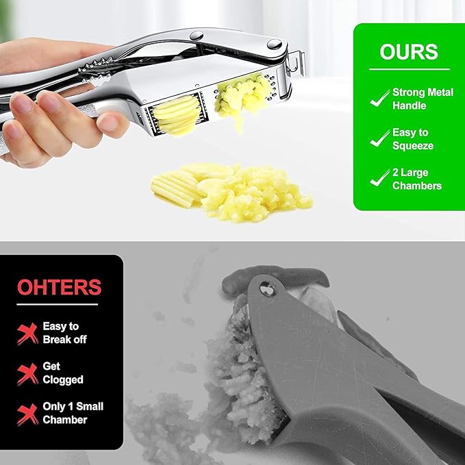 Garlic Press and Slicer 3 In 1, Food Grade Stainless Steel Garlic Mincer Chopper Crusher Garlic Press Kitchen Tool with Garlic Peeler Skin Remover and Clean Brush