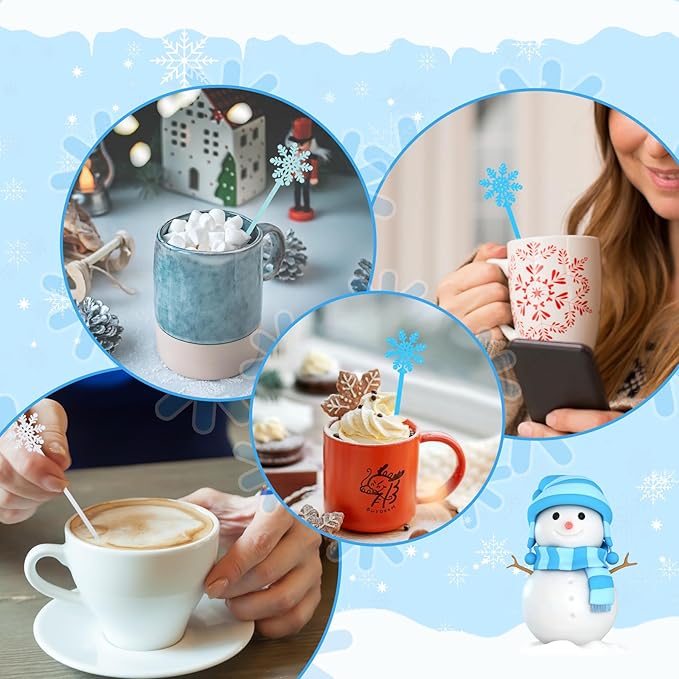 30 Pcs Snowflake Swizzle Sticks Coffee Frozen Stirrers Glitter Winter Stir Sticks Reusable Cocktail Drink for Hot Cocoa Chocolate Bar Supplies(Snowflake)
