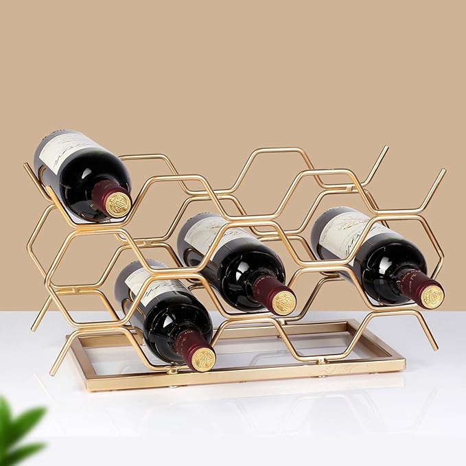 Countertop Wine Rack - 10 Bottle Freestanding Modern Gold Metal Small Wine Rack - Tabletop Wine Holder Stand for Cabinet, Pantry, Wine Bottle Storage……