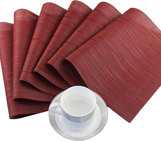 PIGCHCY Placemats Set of 12 Washable Durable Place Mats Vinyl Heat Resistant Non-Slip Table Mats Indoor Outdoor (Burgundy Red)