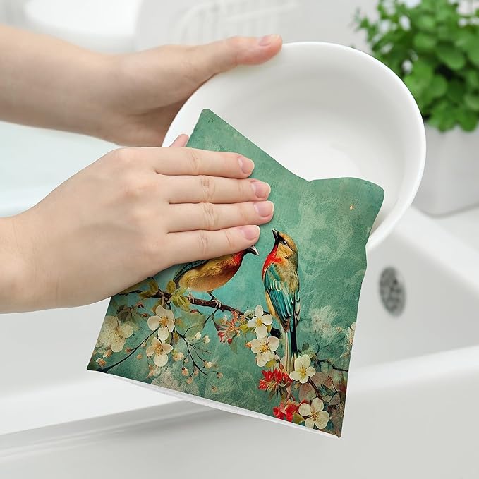 Cute Birds Kitchen Towels Decorative Set, Green Absorbent Dish Towels Tea Towels Hand Towels for Kitchen Bathroom Bar Farmhouse Decor,Gifts for Bird Lovers
