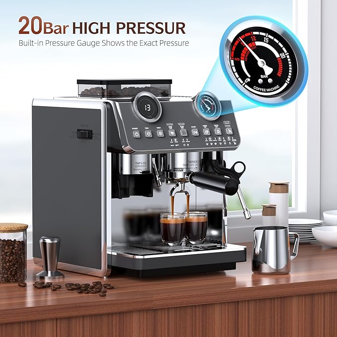 Espresso Machine with Grinder, 20 Bar Pressure Professional Coffee Maker with 30 Grinding Settings, 58mm Portafilte, Anti-scalding Milk Frother Steam Wand for Latte (IronGrey)