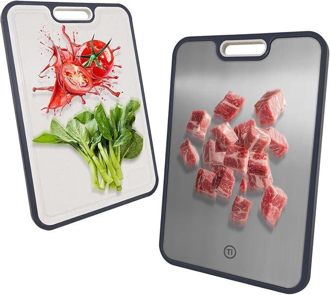 Titanium Cutting Boards for Kitchen, Pure Titanium Metal & Wheat Straw 2 Sided Healthiest Chopping Board, Dishwasher Safe Easy to Clean Large Size 18”×12”
