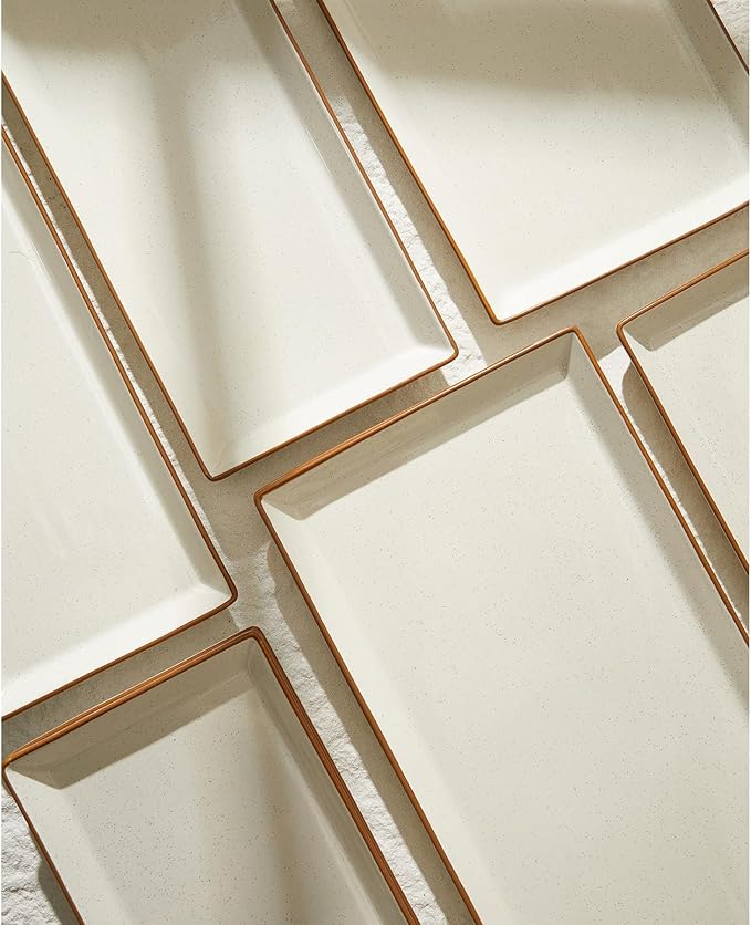 Sweese Rectangular Porcelain Platters, Vanilla White with Brown Trim, Serving Trays for Parties, 13.8 Inch Large Serving Dishes for Steak, Taco, Sushi, Appetizer - Dishwasher & Oven Safe - Set of 4