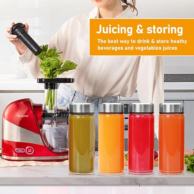 4 Pack Juice Bottles with Lids,12oz Wide Mouth Glass Bottles with Stainless Steel Cap,Reusable Glass Water Bottle for Juicing, Smoothies, Infused Water,Beverage Storage,BPA Free,Leakproof