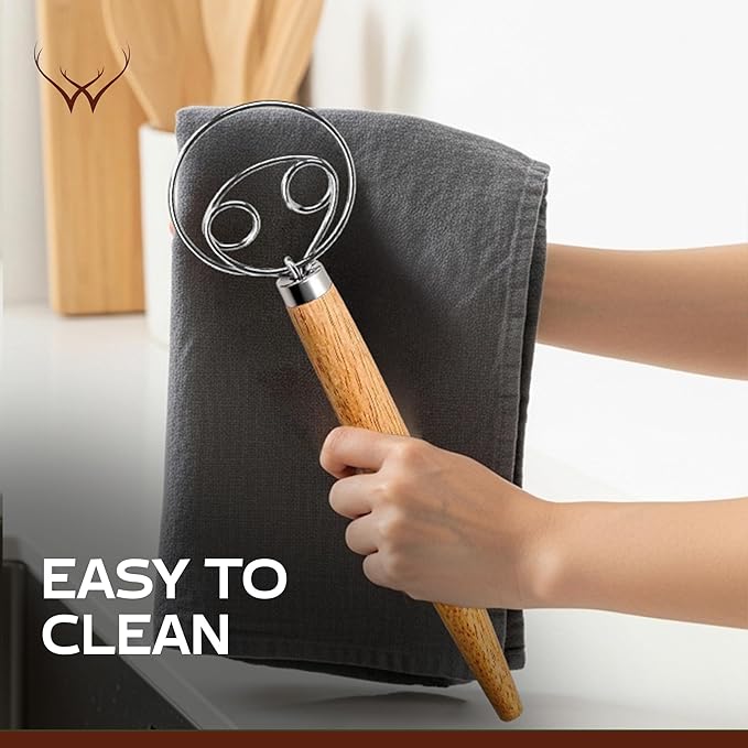 13 Inch Danish Dough Whisk Stainless Steel Hook with Long Wooden Handle – Essential Dough Whisk & Sourdough Bread Baking Supplies for Mixing, Whisking & Baking Pizza Dough - Sourdough Tools