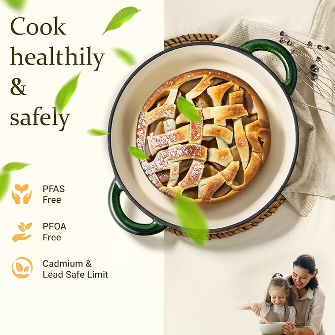 Overmont Enameled Cast Iron Dutch Oven - 5.5QT Pot with Lid Cookbook & Cotton Potholders - Heavy-Duty Cookware for Braising, Stews, Roasting, Bread Baking Glossy Green