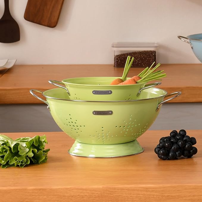 Metal Colander 2 Pack, Strainer Bowel with Handles 2Qt & 6Qt Powder Coated Solid Ring Base Heavey Duty Kitchen Drainer Basket for Pasta Veggies and Fruits,New Home Apartment Essentials (LightGreen)