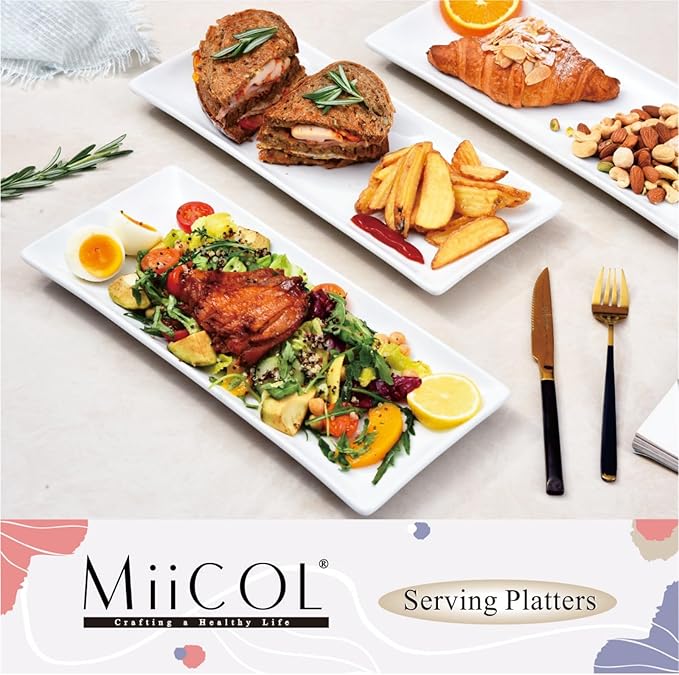 Miicol Porcelain Serving Platters Set of 3, Large Serving Trays 14 Inch, White Rectangle Plates, Ceramic Serving Dishes for Party, Restaurant, Buffet, Steak, Dessert, Salad, Fruit, Microwave Safe