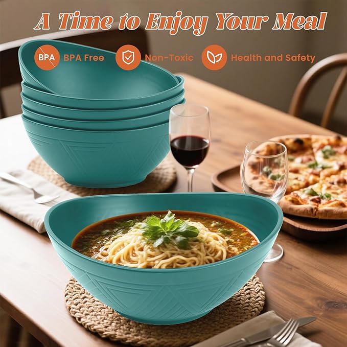 Homienly Salad Bowls 6 PCS Wheat Straw Bowls - 60oz Large Serving Bowl - Microwave and Dishwasher Safe Cereal Bowl Big Soup Bowl for Kitchen, Camping, Picnic, Party, Popcorn Bowl Set - Green