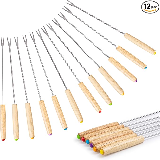12PCS 9.5 Inch Color-Coded Wood Fondue Forks, Stainless Steel Fruit Fondue With Heat-Blocking Handle for Chocolate Fountain and Cheese