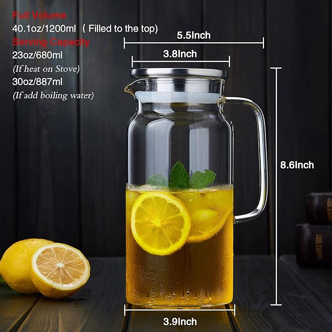 42OZ Glass Pitcher with Lid and Spout, Water Jug, 1250ml Carafe for Hot/Cold Water, Juice and Homemade Beverage, Large Iced Tea Pitcher for Coffee