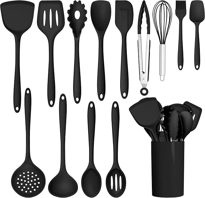 HaWare Kitchen Utensils, 14 PCS Silicone Cooking Utensils Set, Heat Resistant Kitchen Utensils for Non-stick Cookware, Kitchen Gadgets Tools with Spoons, Spatulas, Whisk, Dishwasher Safe (Black)