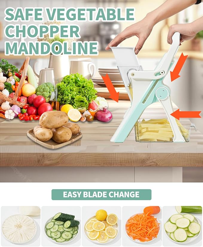 Safe Mandoline Slicer Upright Vegetable Chopper-Julienne Dicer for Kitchen, Potato Slicer, Adjustable Vegetable Cutter with Container, Multifunctional 6 in 1 Food Chopper (White)
