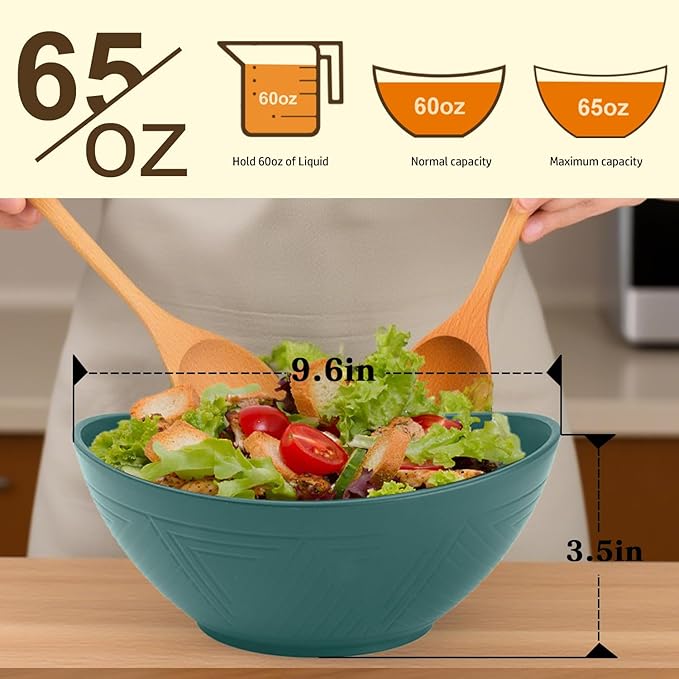 Homienly Salad Bowls 6 PCS Wheat Straw Bowls - 60oz Large Serving Bowl - Microwave and Dishwasher Safe Cereal Bowl Big Soup Bowl for Kitchen, Camping, Picnic, Party, Popcorn Bowl Set - Green