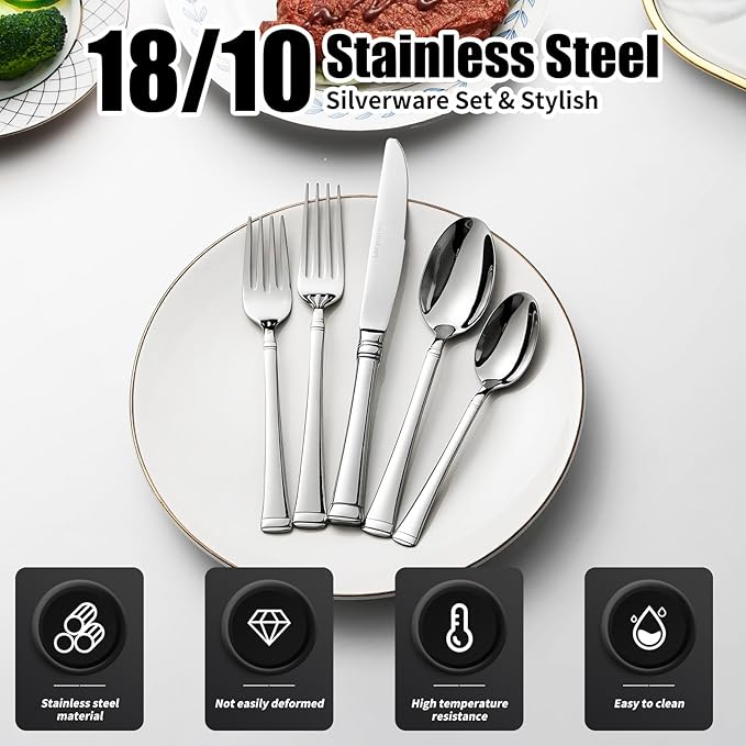 Silverware Set Service for 8, 18/10 Stainless Steel, 40 Piece Set, Flatware Cutlery Set，Mirror Polished