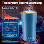 Smart Self Heating Coffee Mug 18 Oz Temperature Control Heated Coffee Mug App Controlled Warmer Mug 5-10 Hour LED Display Keep Coffee Hot All Day Fast Wireless Charger Base Lake Blue