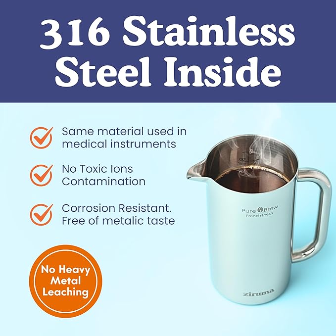 Ziruma Non-Toxic French Press, Surgical Stainless Steel Coffee Press, Plastic-Free, Heavy Metal-Free, No Endocrine Disruptors, 34 Oz, Double Wall, 4-Layer Filter, Portable Coffee Maker