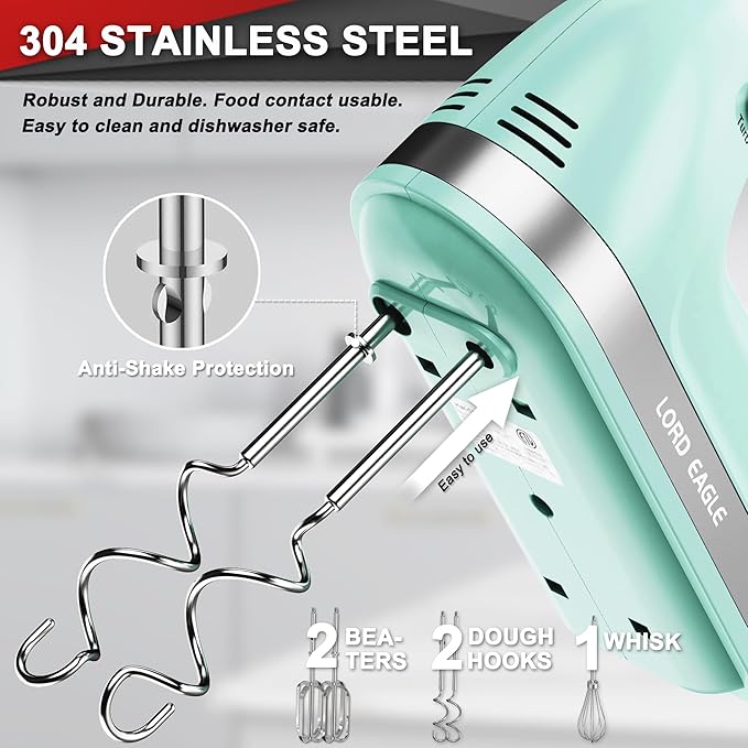 Lord Eagle Hand Mixer Electric 400W, 5 Speed handheld Mixer, 5 Stainless Steel Accessories for Baking Cake Egg Cream Food Beater, Turbo Boost/Self-Control Speed + Eject Button