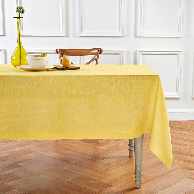 Solino Home Linen Tablecloth 60 x 132 Inch - 100% Pure Linen Chambray Lemon Yellow Table Cloth for Rectangle Tables - Athena, Machine Washable Tablecloth for Summer