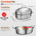 Roasting Pan, 21x13x11 Inch, Silver, Rectangular, Stainless Steel, 25LB Capacity, Turkey & Chicken Roaster with Rack and Lid