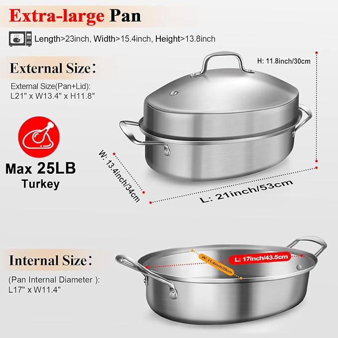 Roasting Pan, 21x13x11 Inch, Silver, Rectangular, Stainless Steel, 25LB Capacity, Turkey & Chicken Roaster with Rack and Lid