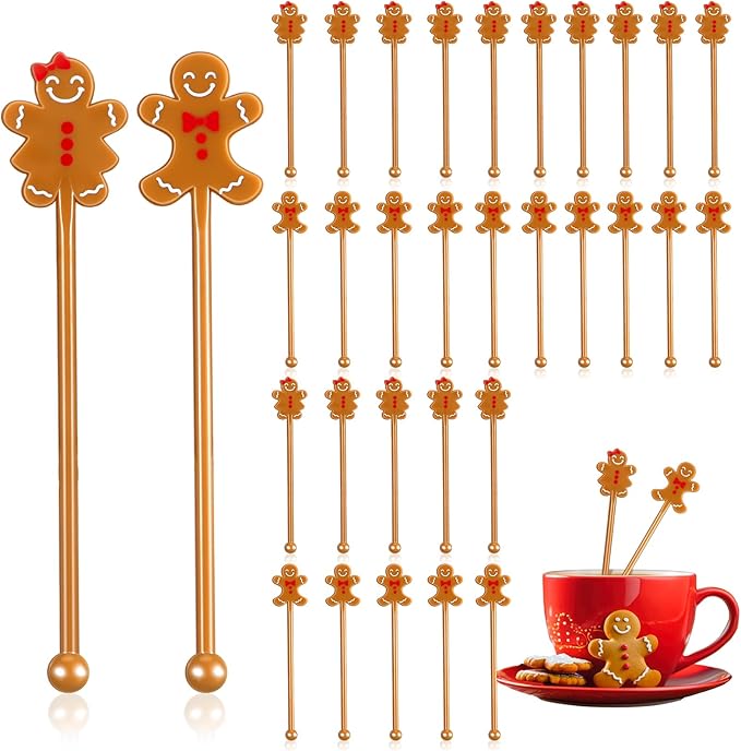 30 Pcs Christmas Drink Stirrers Xmas Stir Stick Holiday Coffee Swizzle Stick Reusable Plastic Hot Cocoa Bar Chocolate Decoration Cocktail Mixer(Gingerbread Couple,Elegant Color)