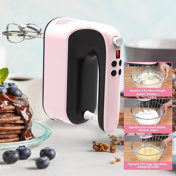 9-Speed Digital Hand Mixer Electric, 400W Powerful DC Motor, Baking Mixer Handheld with Snap-On Storage Case, 5 Stainless Steel Accessories, Flat Beaters, Dough Hooks, Whisk (Pink&Black)