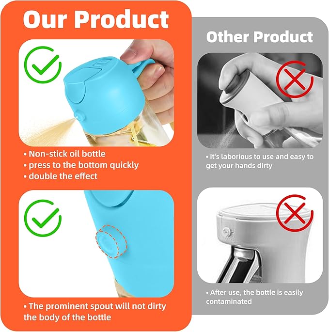 TrendPlain 16oz/470ml Glass Olive Oil Sprayer for Cooking – 2 in 1 Olive Oil Dispenser Bottle for Kitchen Gadgets and Air Fryer Accessories, Salad, BBQ - Sky Blue
