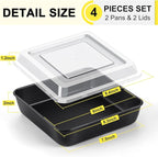 P&P CHEF Square Baking Pan with Lid, Nonstick Stainless Steel Square Cake Pan and Plastic Lid, Black Bakeware Tin for Lasagna Brownies, Sturdy & Easy Clean, (8 Inch, 4Pcs)