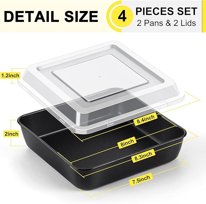 P&P CHEF Square Baking Pan with Lid, Nonstick Stainless Steel Square Cake Pan and Plastic Lid, Black Bakeware Tin for Lasagna Brownies, Sturdy & Easy Clean, (8 Inch, 4Pcs)