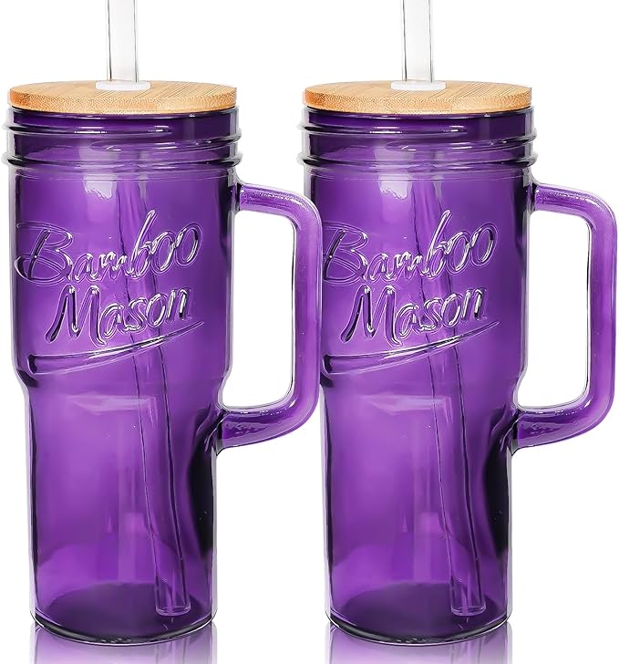 ANOTION Glass Cups with Handle, 24oz Glass Cups with Lids and Straws Travel Coffee Mug Bamboo Mason Jar Iced Cup Smoothie Tea Clear Cute Water Drinking Jars Glasses, Purple