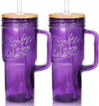 ANOTION Glass Cups with Handle, 24oz Glass Cups with Lids and Straws Travel Coffee Mug Bamboo Mason Jar Iced Cup Smoothie Tea Clear Cute Water Drinking Jars Glasses, Purple