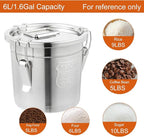 DYNAMI 304 Stainless Steel Containers With Lid,202oz Airtight Flour Container for Kitchen,5-10lbs Metal Airtight Canisters Milk Jug Coffee Bean Cookies Canisters w/Locking Clamp (6L/1.6Gal)