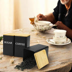 Set of 3 Coffee, Tea, and Sugar Canister Black Iron – Kitchen Storage Jars with Bamboo Lid and Name Marker – Simple Flour Container (6x3 Inch, 33 OZ)