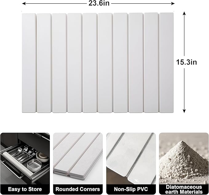 Stone Drying Mat for Kitchen Counter, Diatomaceous Earth Mats, Dish Drying Mat 24"×16", Foldable Water Absorbing Stone Dish Mat for Utensils, Pots and Bottles