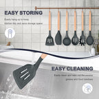 P&P CHEF Cooking Utensils Set, 6 PCS Kitchen Utensils with Wooden Handle, Silicone Spatula for Nonstick Cookware, Easy Clean & Non-toxic, Gray