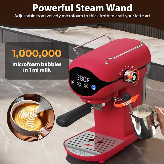 Espresso Machine with Steam Milk Frother Semi Automatic 20 Bar Compact Red with Touch Screen for home Cafetera Espresso, Latte, Cappuccino, Americano, Macchiato