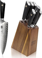SHAN ZU Damascus Kitchen Knife Set, 7-Piece Professional Knife Sets for Chefs, Japanese 10Cr15CoMoV Super Steel With G10 Handle Knife Block Set, GYO Series