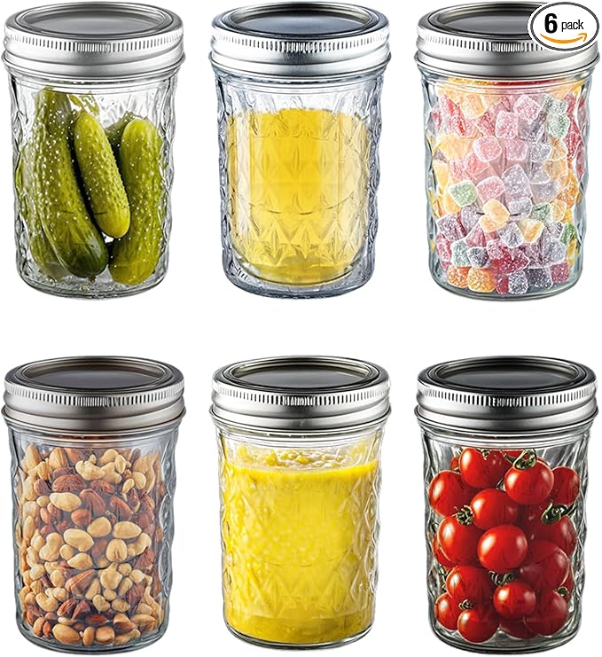 Canning Jars 16 oz Wide Mouth 6-Pack - Quilted Glass Jars with Lids & Bands, Airtight Containers for Pickling, Candles, Overnight Oats, Home Decor, Fruit Preserves